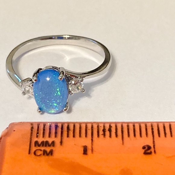 Opal Stone Ring Solitaire Silver Plated Simulated Blue Oval Cut Size 7 8 9 11 - Picture 11 of 11